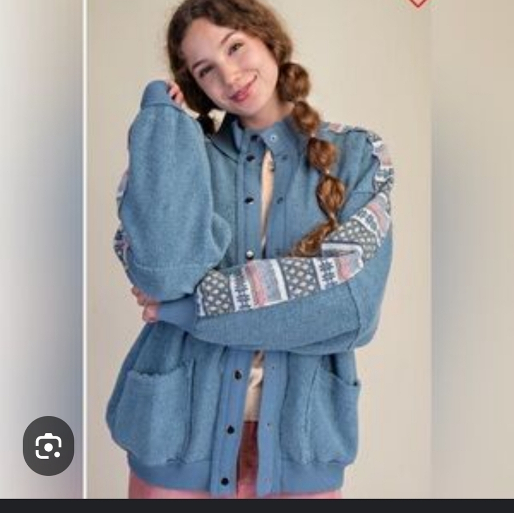 Easel Blue Patterned Cozy Boho Jacket, Pockets, Oversize Sz SM, Fits Sm-XL